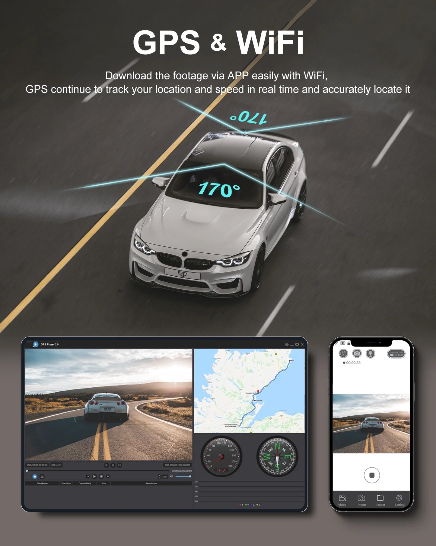 4K Dash Cam Front and Rear Wi-Fi GPS, 3" Touchscreen, 4K+1080P Dual Dashcam, 1 Pack, New