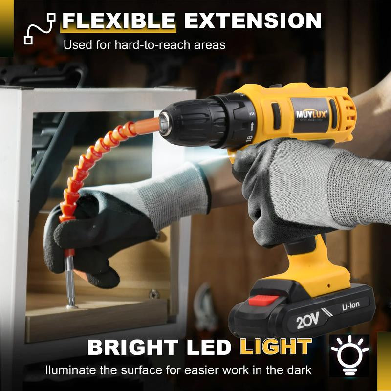 MUYLUX 20V Cordless Drill Set, 18+1 Torque Settings Electric Drill ,3/8 Inch Keyless Chuck, 2-Speed Level for Home Screwdriving and Drilling