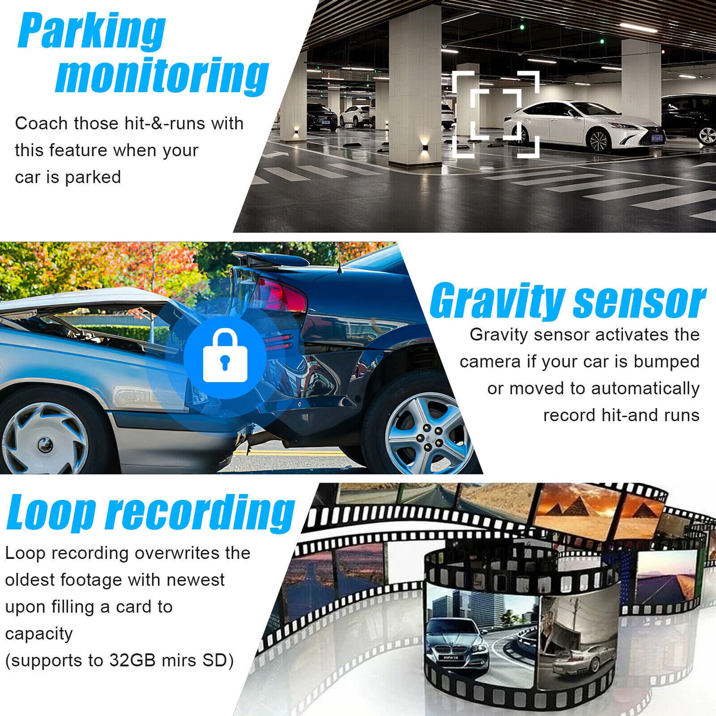 3 Lens Car DVR Dash Cam 1080P Front/Inside/R