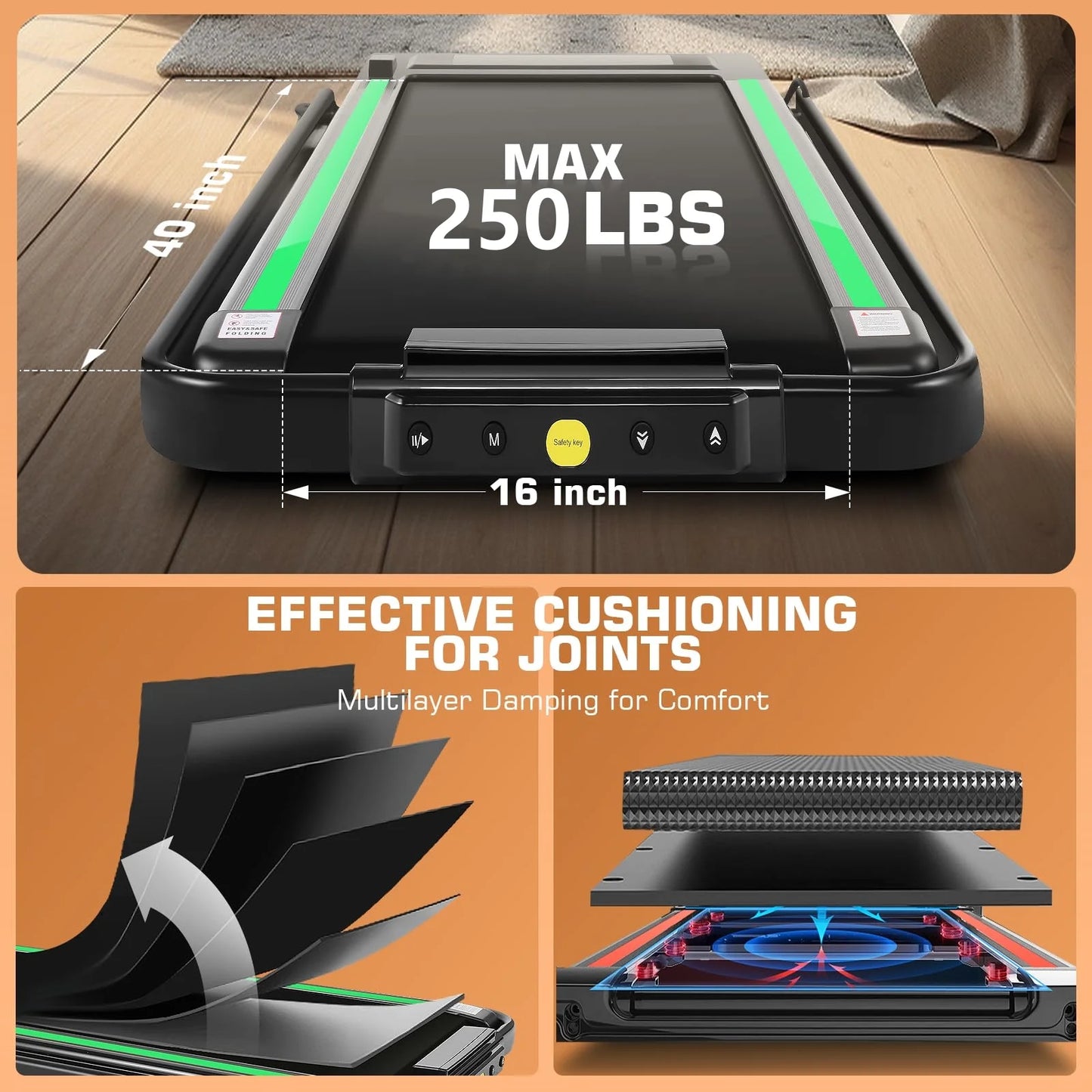 2 in 1 under Desk Folding Treadmill with 250 Lb Capacity, Walking Pad/Compact Electric Treadmill for Home/Gym/Office with LED Touch Screen, Remote Watch, Speed Range 0.6-7.5 Mph