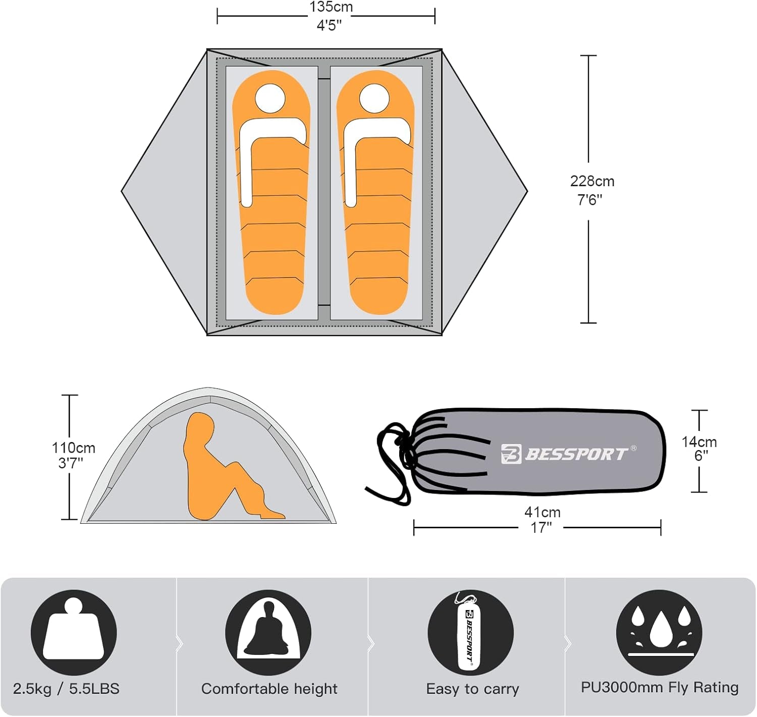 Camping Tent for 2-3 Person, Lightweight Backpacking Tent Waterproof Windproof Two Doors Easy Setup Double Layer Outdoor Tents for 3 to 4 Seasons, Suitable for Outdoor,Hiking,Camping