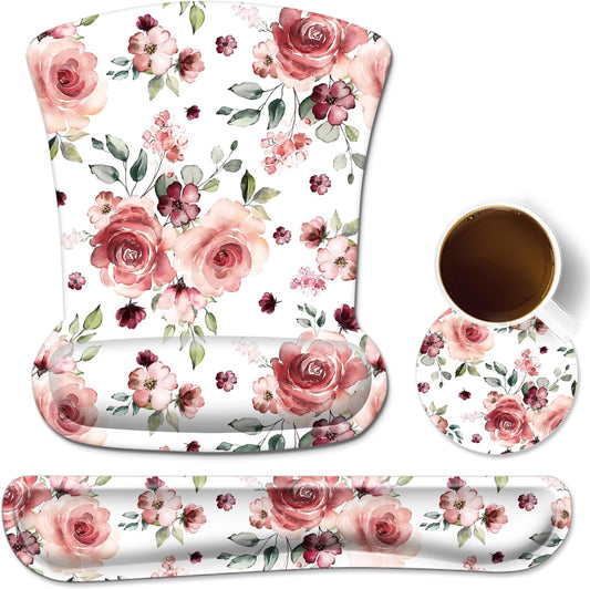 Ergonomic Mouse Pad with Wrist Rest Support and Keyboard Wrist Rest Pad,  Cute Wrist Pad with Non-Slip Rubber Base and Raised Memory Foam, Easy Typing & Pain Relief, Peony Flowers