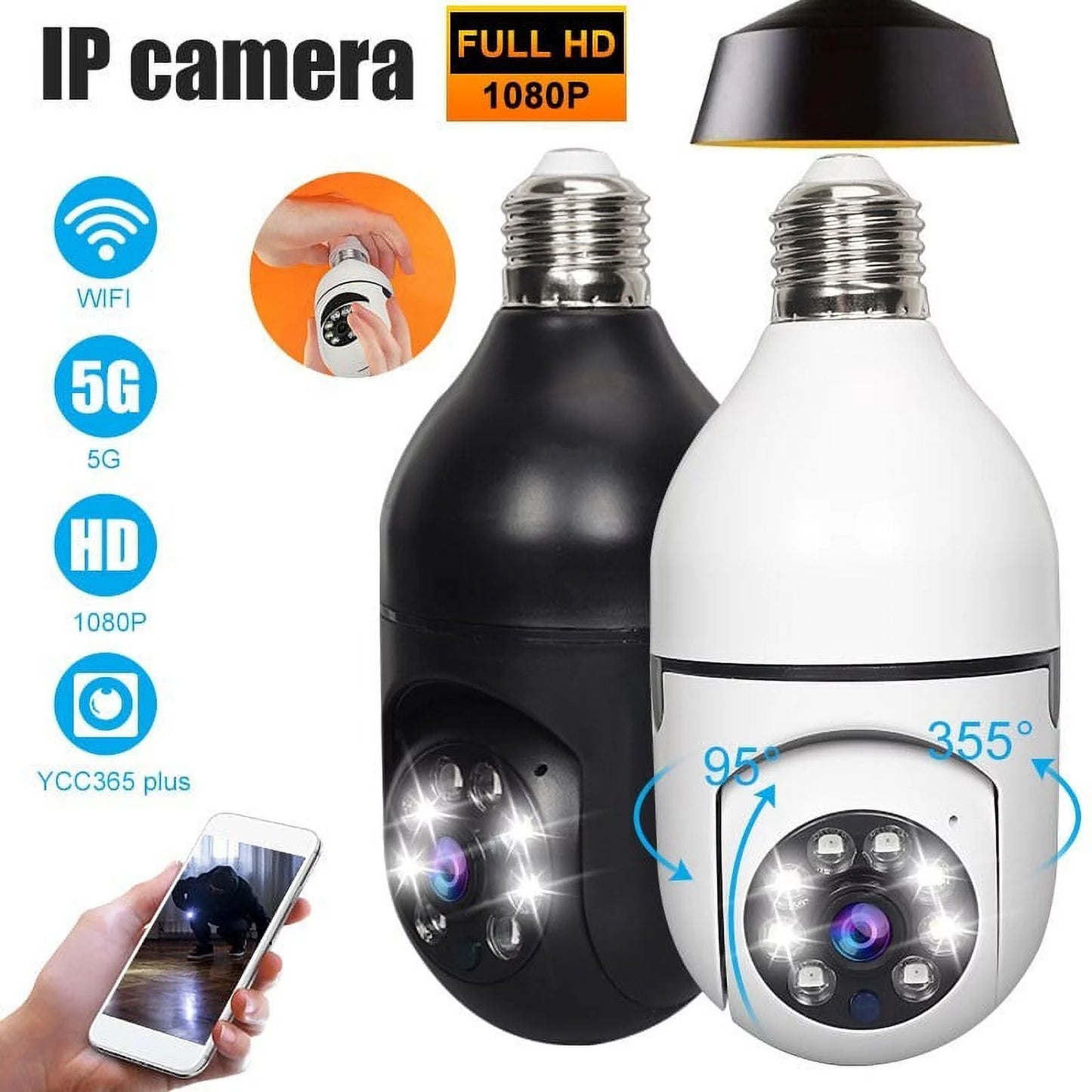 5G Wifi Surveillance Camera, E27 Light Bulb Camera Wireless Waterproof IP65 Automatic Human Tracking Night Vision Security Camera