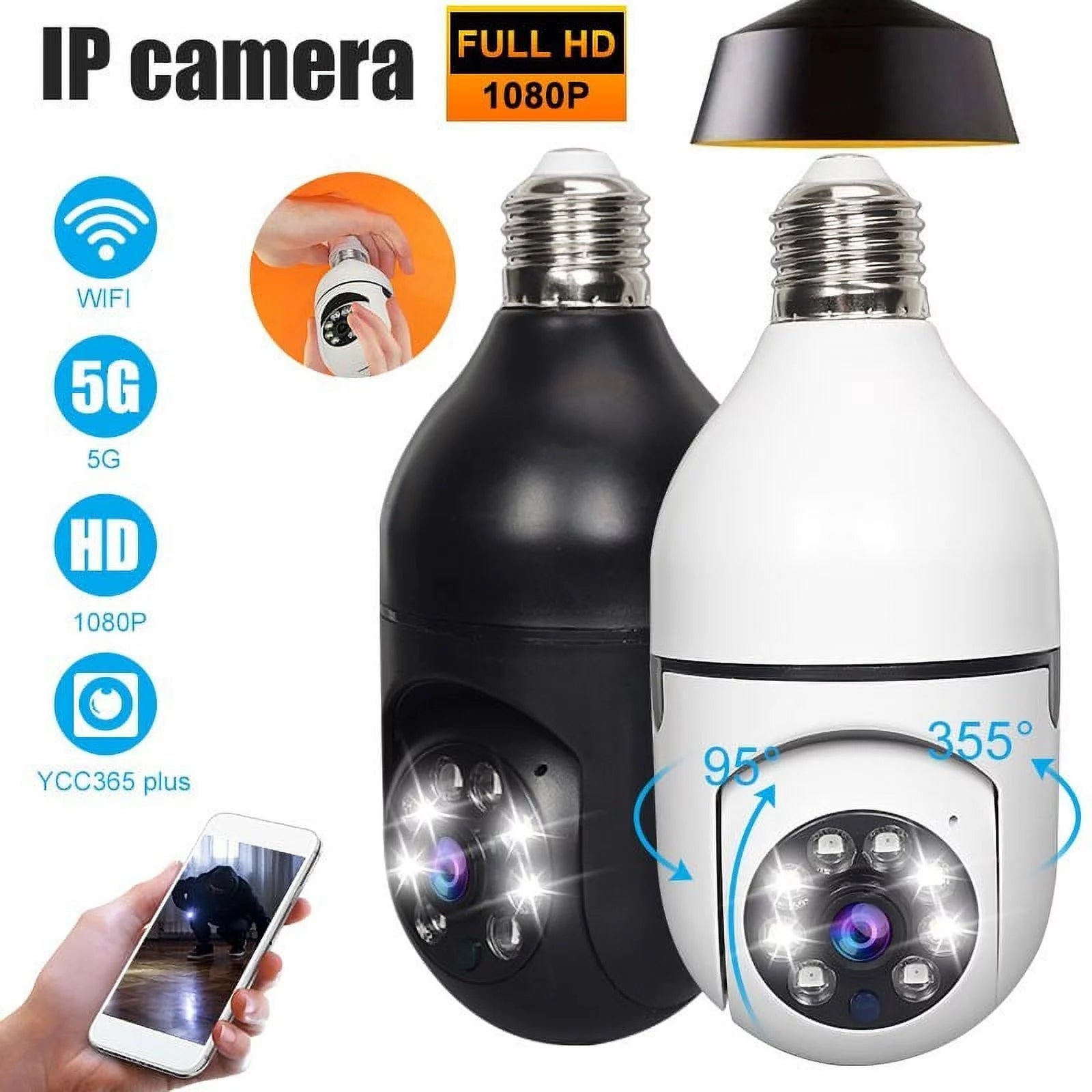 5G Wifi Surveillance Camera, E27 Light Bulb Camera Wireless Waterproof IP65 Automatic Human Tracking Night Vision Security Camera