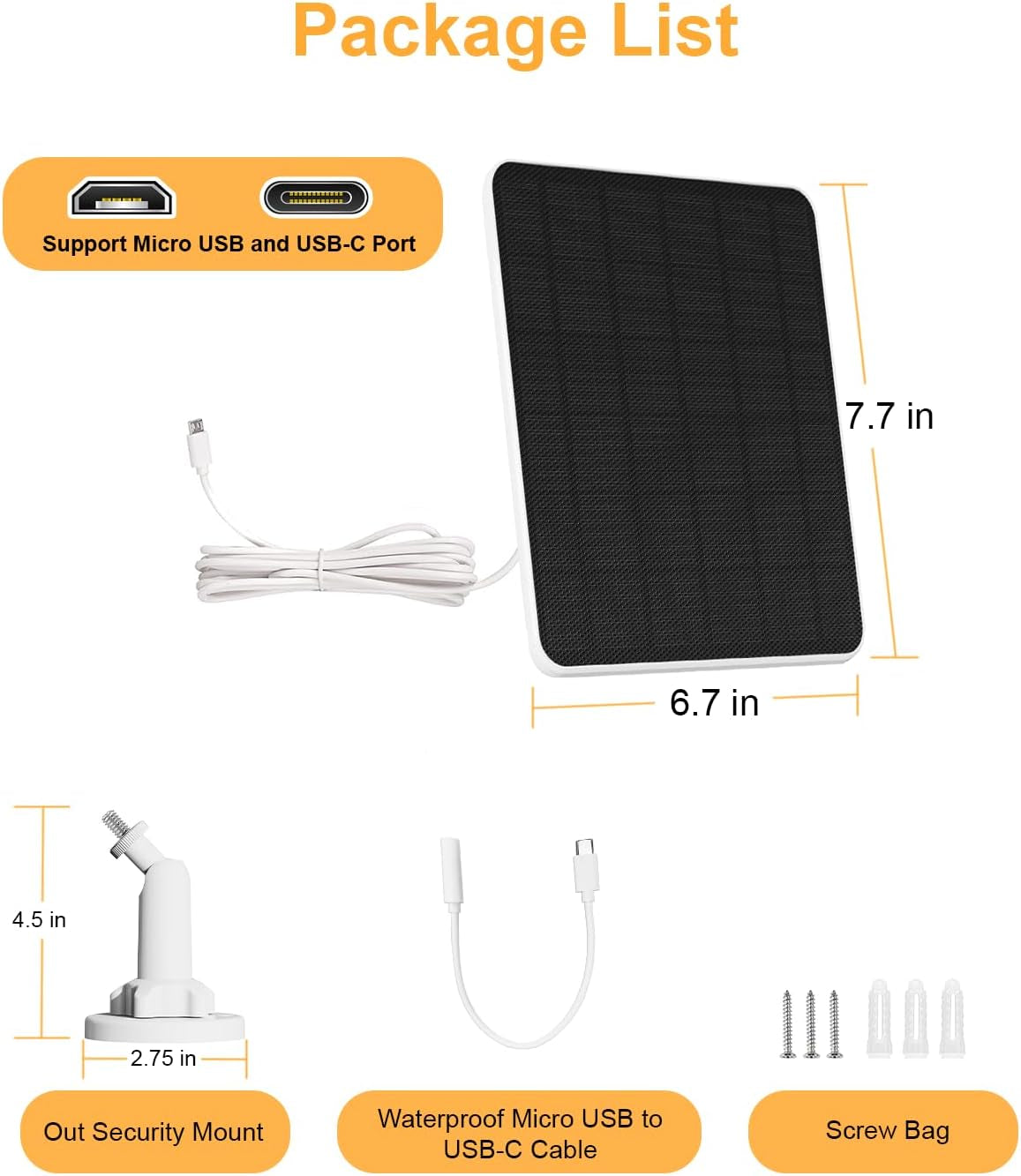 6W Solar Panel for Security Camera, USB C & Micro USB Solar Panel, 5V Camera Solar Panel, 20% Efficiency than 5W, 360° Adjustable, IP66 Waterproof (2 Pack)