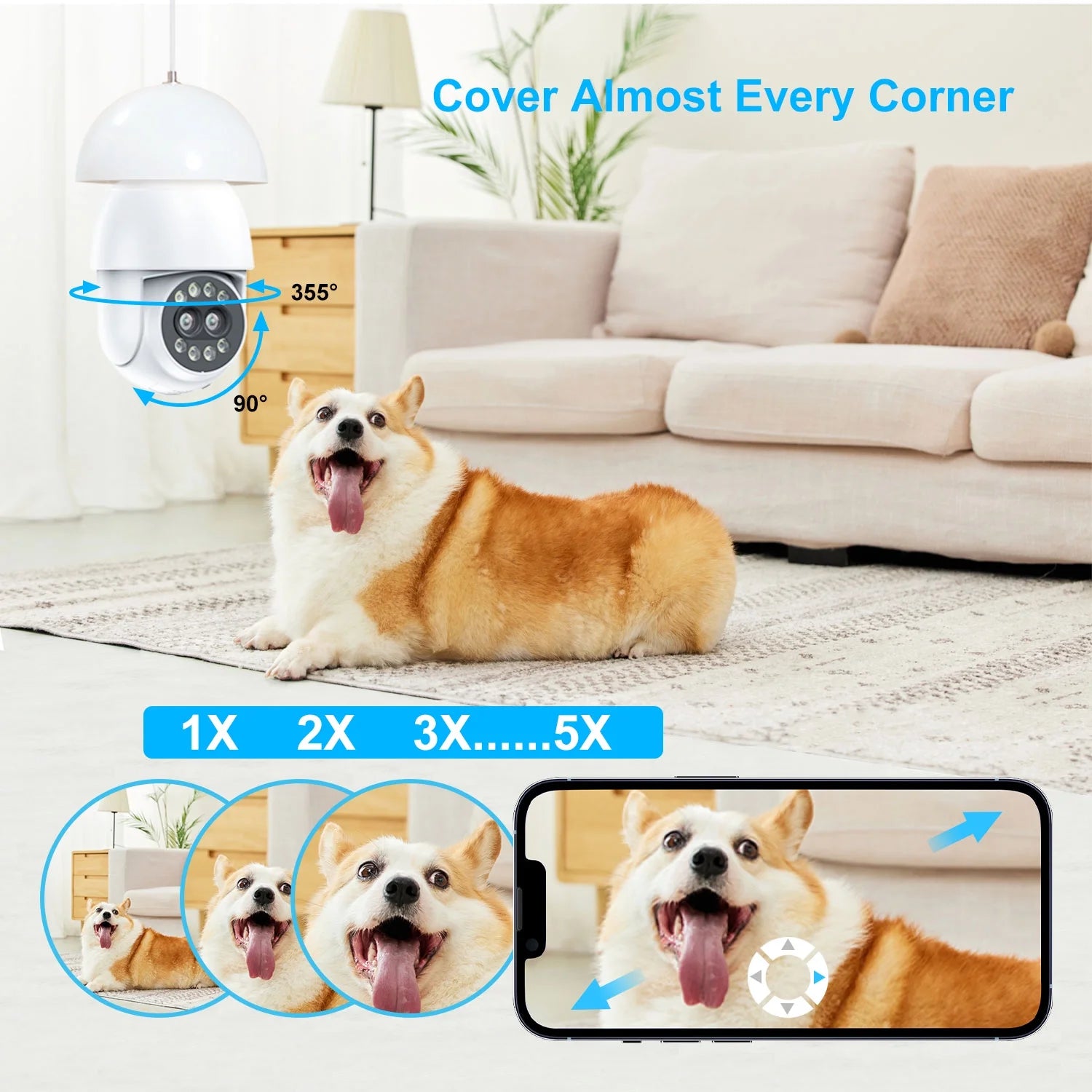 Light Bulb Camera, 4MP Outdoor Surveillance Camera with 360°PTZ, Dual Lens, Full Color Night Vision, White, 1