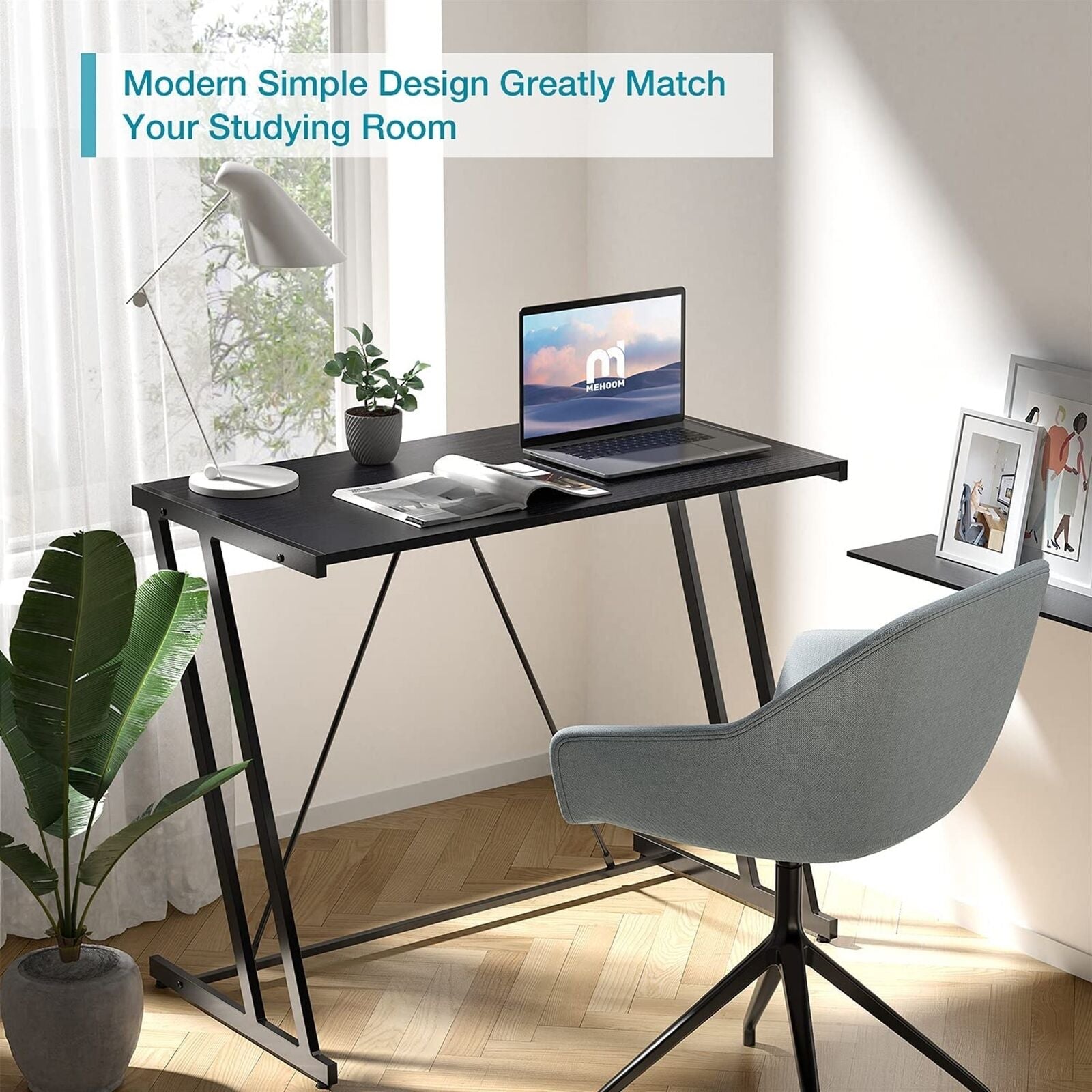 Mehoom Metal Modern Computer Study Desk for Home Office, Table, Black, 35.4"