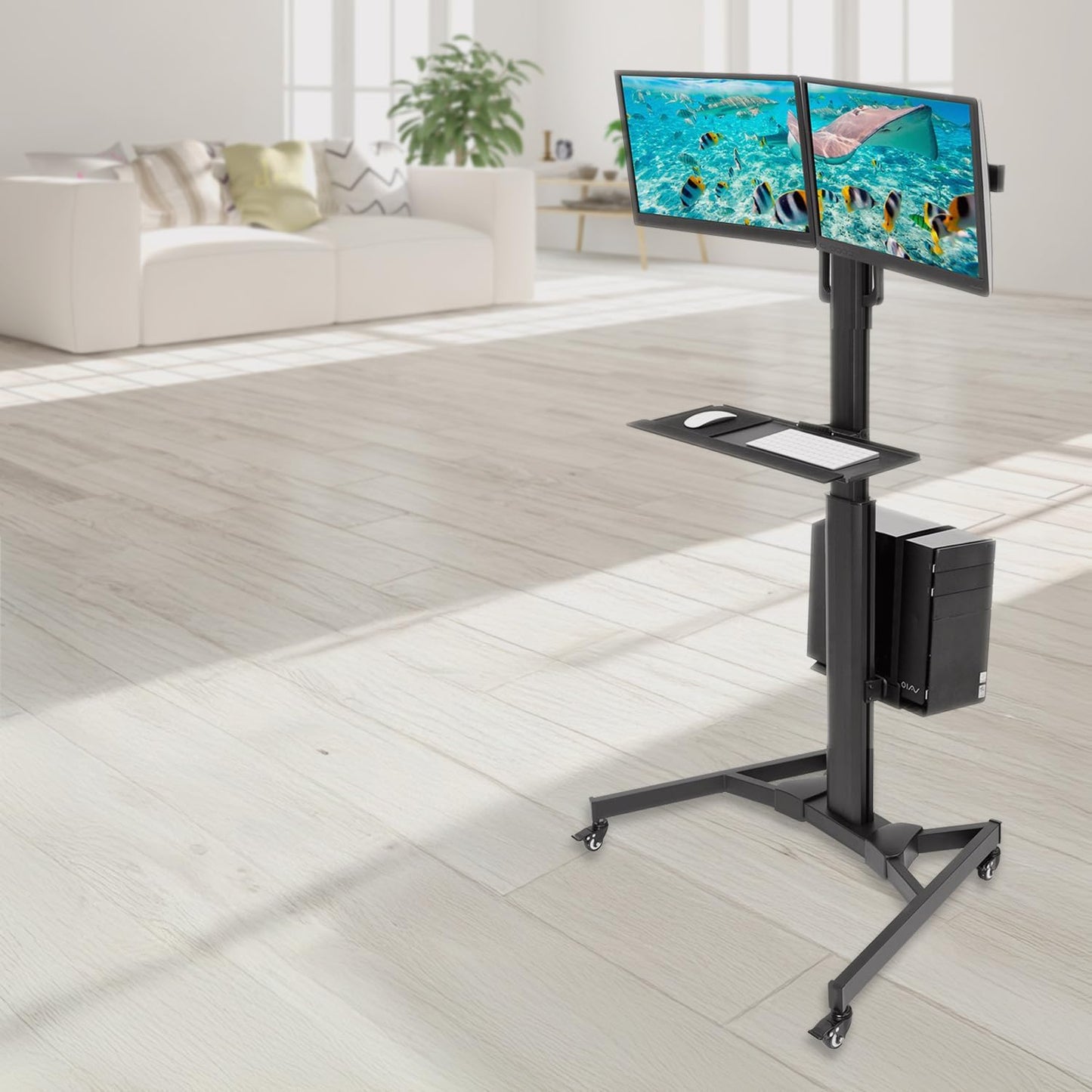 Adjustable Computer Cart, Rolling Computer Desk with Dual Monitors for Screens up to 32", Mobile Desk Workstation with Keyboard Mouse Tray and CPU Holder - Office, Medical, School, Hospital