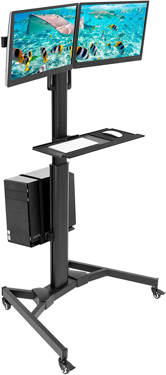 Adjustable Computer Cart, Rolling Computer Desk with Dual Monitors for Screens up to 32", Mobile Desk Workstation with Keyboard Mouse Tray and CPU Holder - Office, Medical, School, Hospital