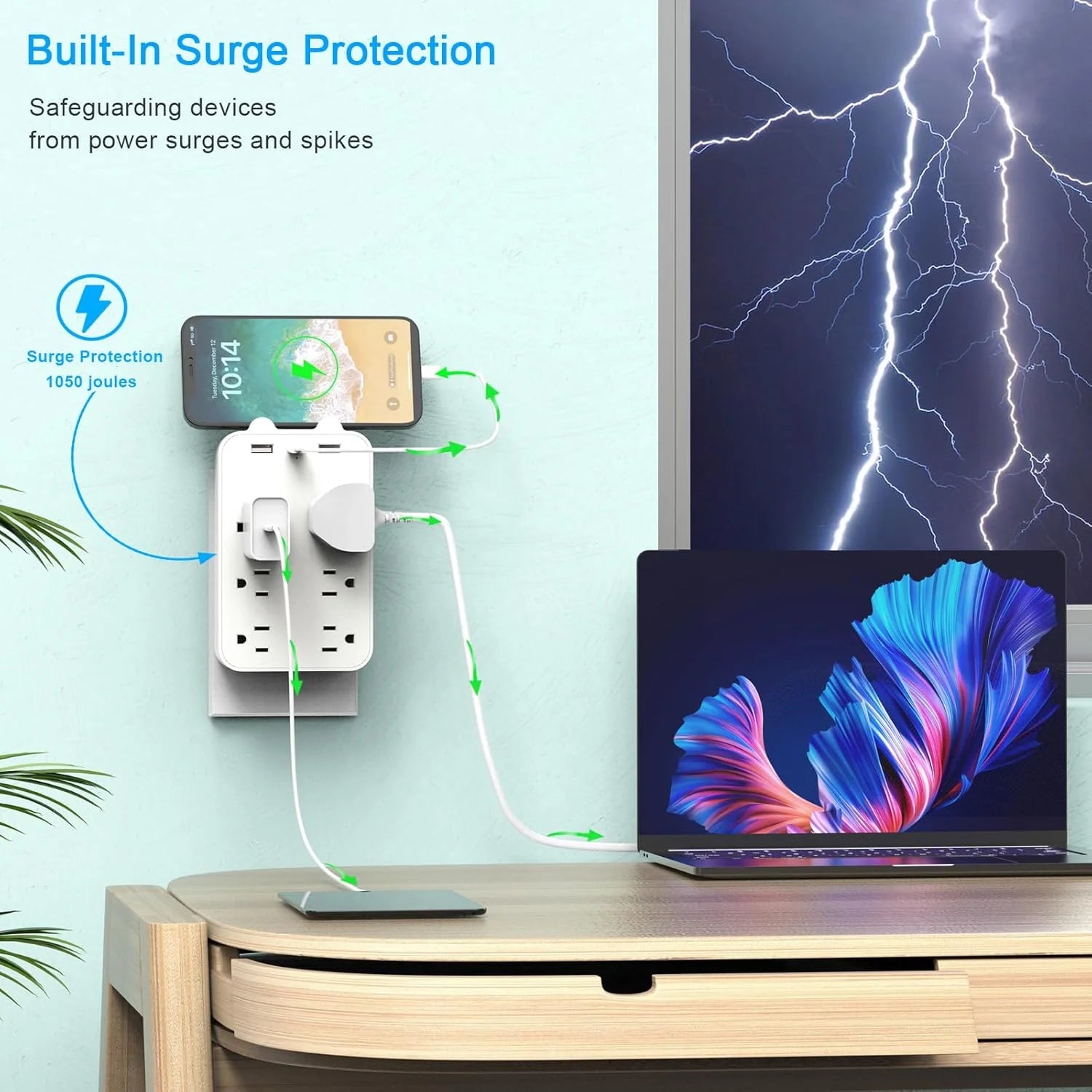 Wall Charger Surge Protector Power Strip Extension Cord 6 Outlet Extender with 3 USB Charging Ports 1050J Multi Plug Outlets Fast Wall Adapter Spaced for Home Travel Office