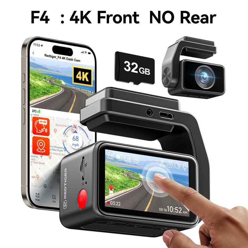 Redtiger F17 4K 3-Channel Dashcam + Hardwire Kit Double-4 Fuses with IR Night Vision & G-Sensor Emergency Recording Springtok