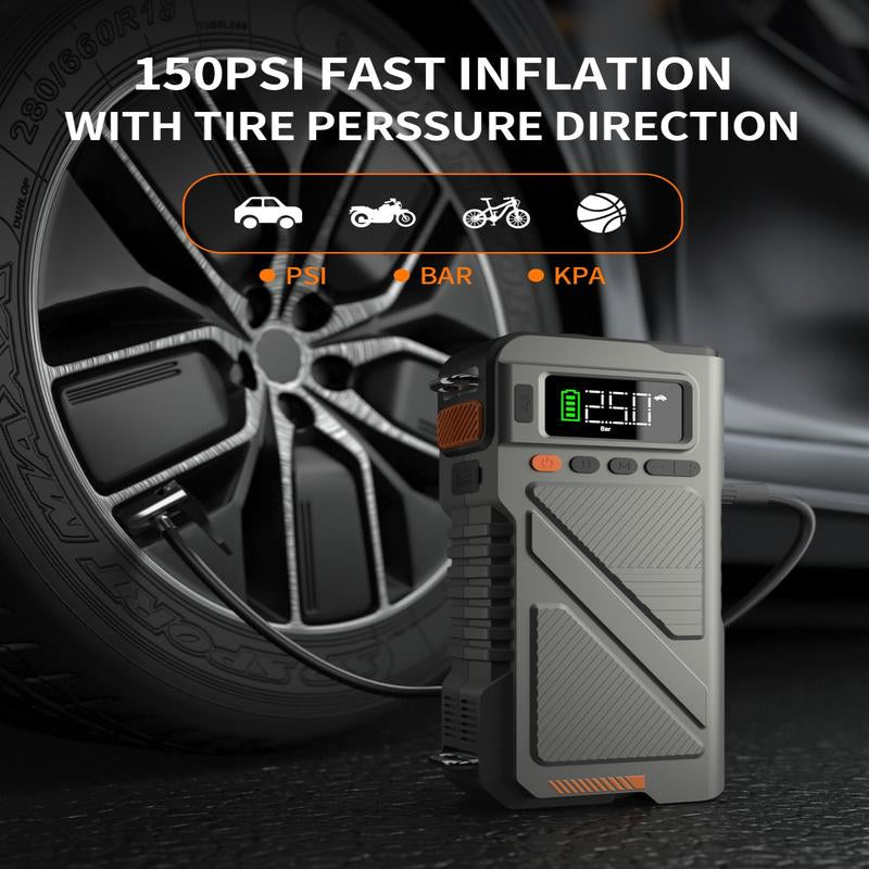 8000A Car Jump Starter with Air Compressor, Car Battery Jumper Starter Portable Jump Box Combo 150PSI Tire Inflator, 12V Vehicle Jump Booster Pack with Extended Jumper Cable 8000 A