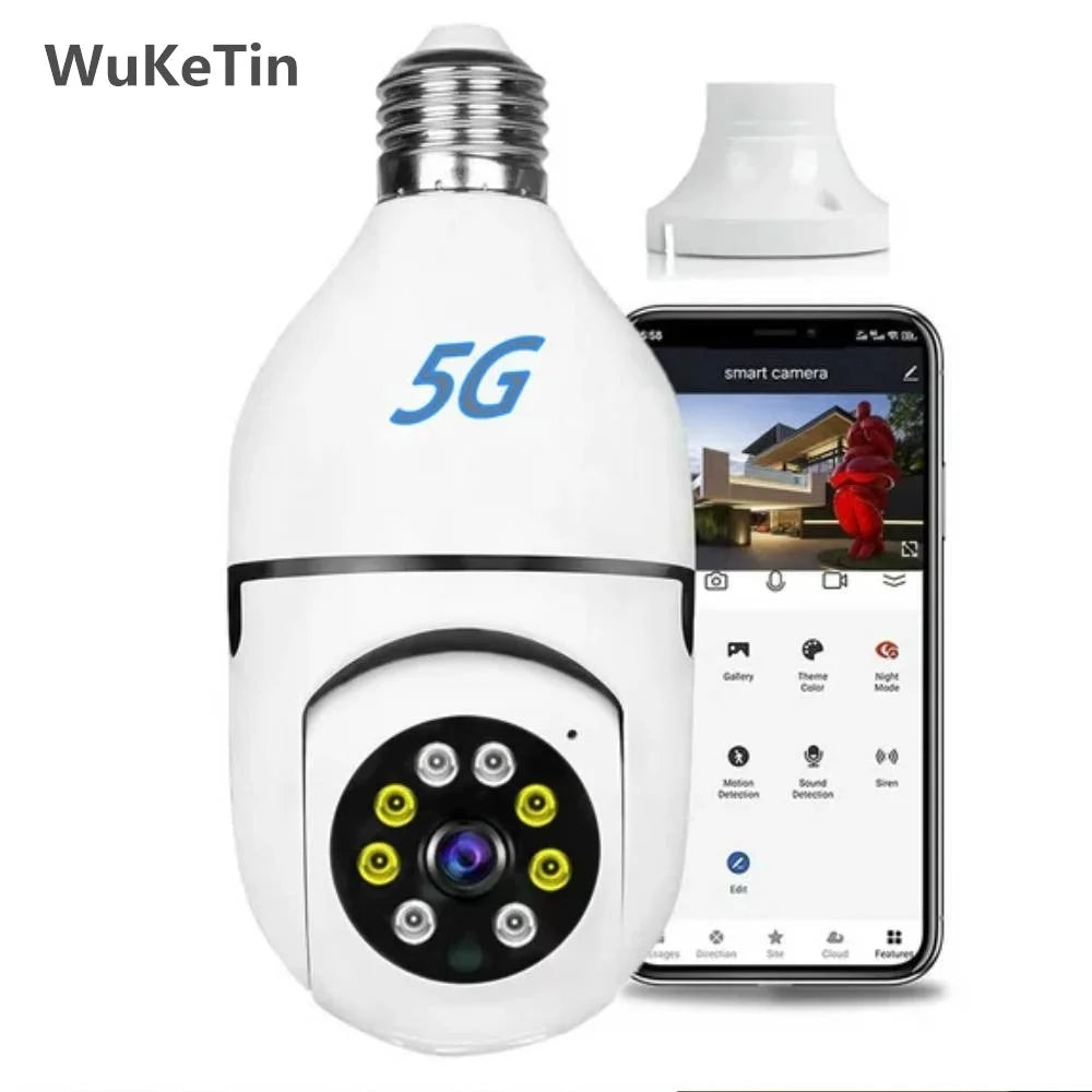 5G Wifi Surveillance Camera, E27 Light Bulb Camera Wireless Waterproof IP65 Automatic Human Tracking Night Vision Security Camera
