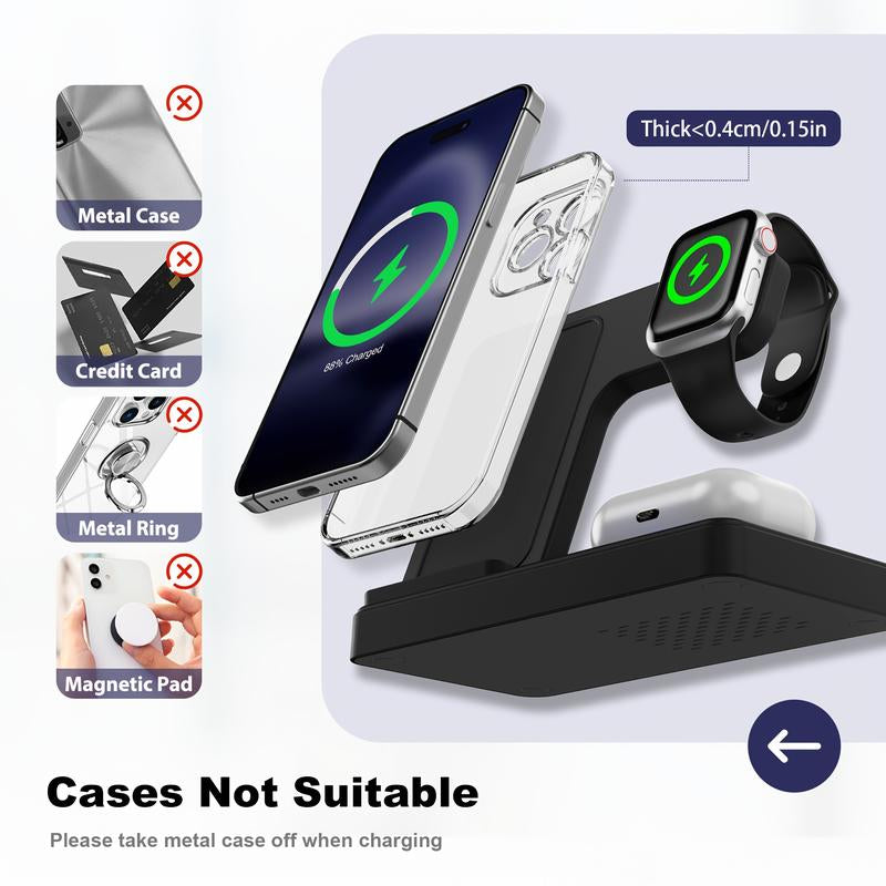Portable Wireless Charging Station 3-In-1 15W Fast Charger Stand for Iphone, Iwatch Ultra, Airpods, and More - Smart and Safe Charging Solution Charger 4 1 Magnetic Phone Charger
