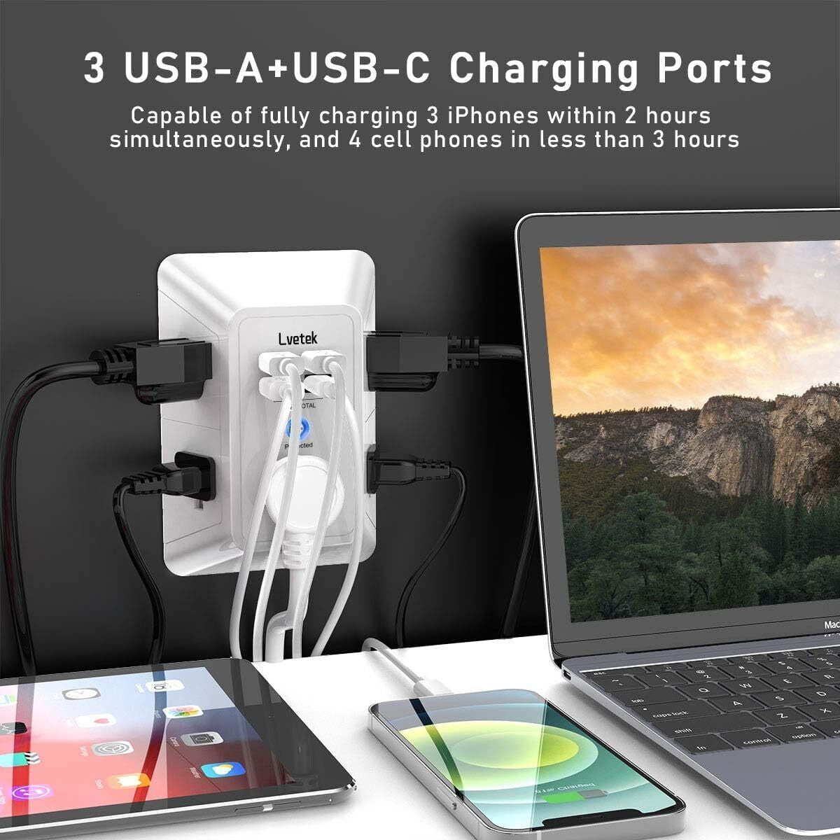 5 Outlet Surge Protector Wall Mountable Charger with 4 USB Ports - 1680J Multi P