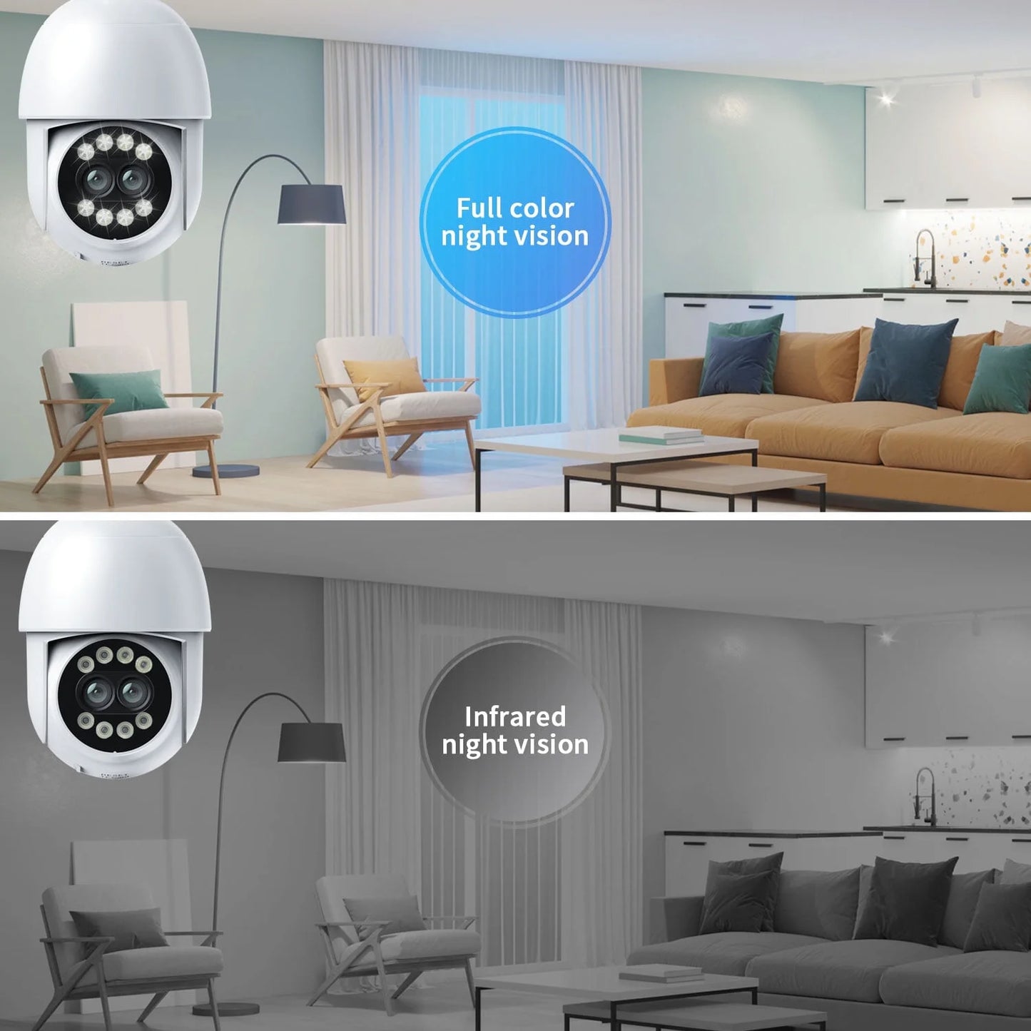 Light Bulb Camera, 4MP Outdoor Surveillance Camera with 360°PTZ, Dual Lens, Full Color Night Vision, White, 1