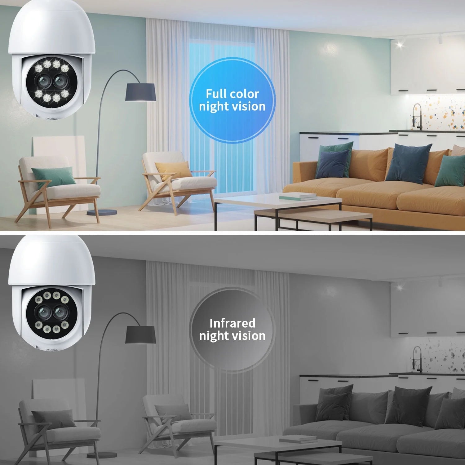 Light Bulb Camera, 4MP Outdoor Surveillance Camera with 360°PTZ, Dual Lens, Full Color Night Vision, White, 1