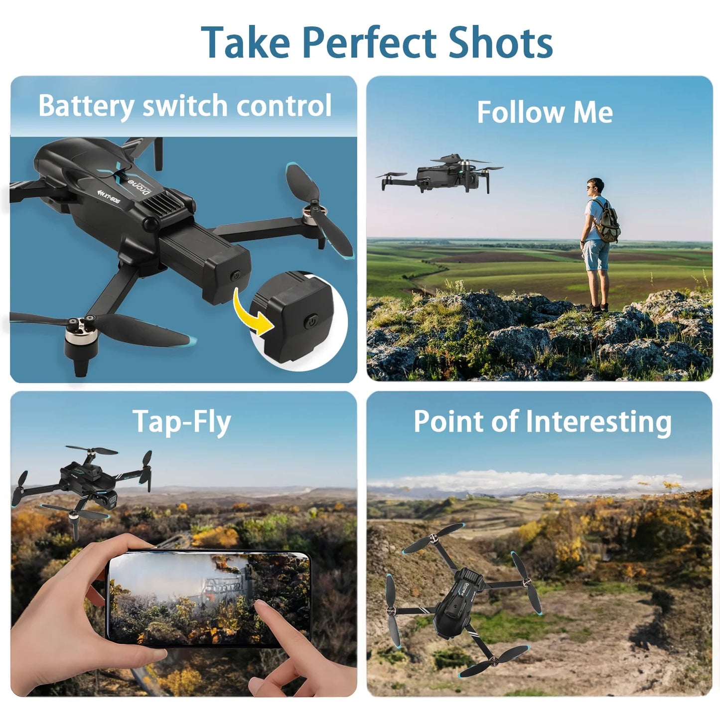 XT606 Drone with 6K UHD Camera,  RC Foldable Drones for Kids Adults Beginners, RC Quadcopter Drone with Brushless Motor, Headless Mode, Optical Flow Position, 2 Batteries, Black