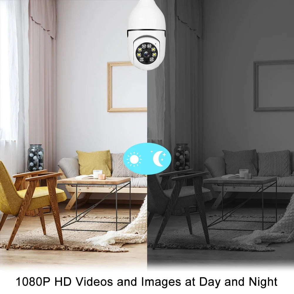 Home Security Camera Wireless WIFI Outdoor Surveillance Camera with Light Bulb 1080 HD Motion Detection 360 Degree Wide Angle