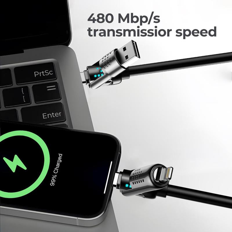 ERAZER 240W 4-In-1 USB-C Cable, 1 Count PD 5A Fast Charging & Data Sync Cable with Breathing Light, Aluminum Alloy Design Cable Compatible with Iphone 16/15, Ipad Pro, Samsung, and Laptops Android Device