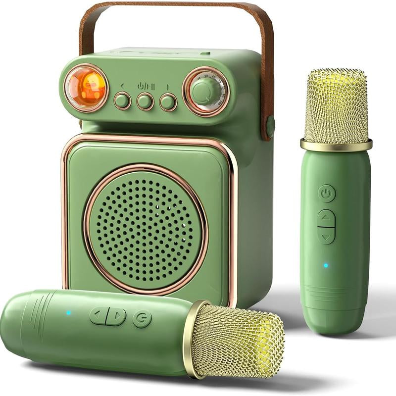 ICARER FAMILY Karaoke Machine for Kids and Adults, Mini Portable Blue-Tooth Karaoke Speaker with 2 Wireless Microphones, Birthday Gifts for Girls Boys Outdoor Travel Home Party Audio Bluetooth Stereo Usb Smartphone Connection Digital Handle Male Noise