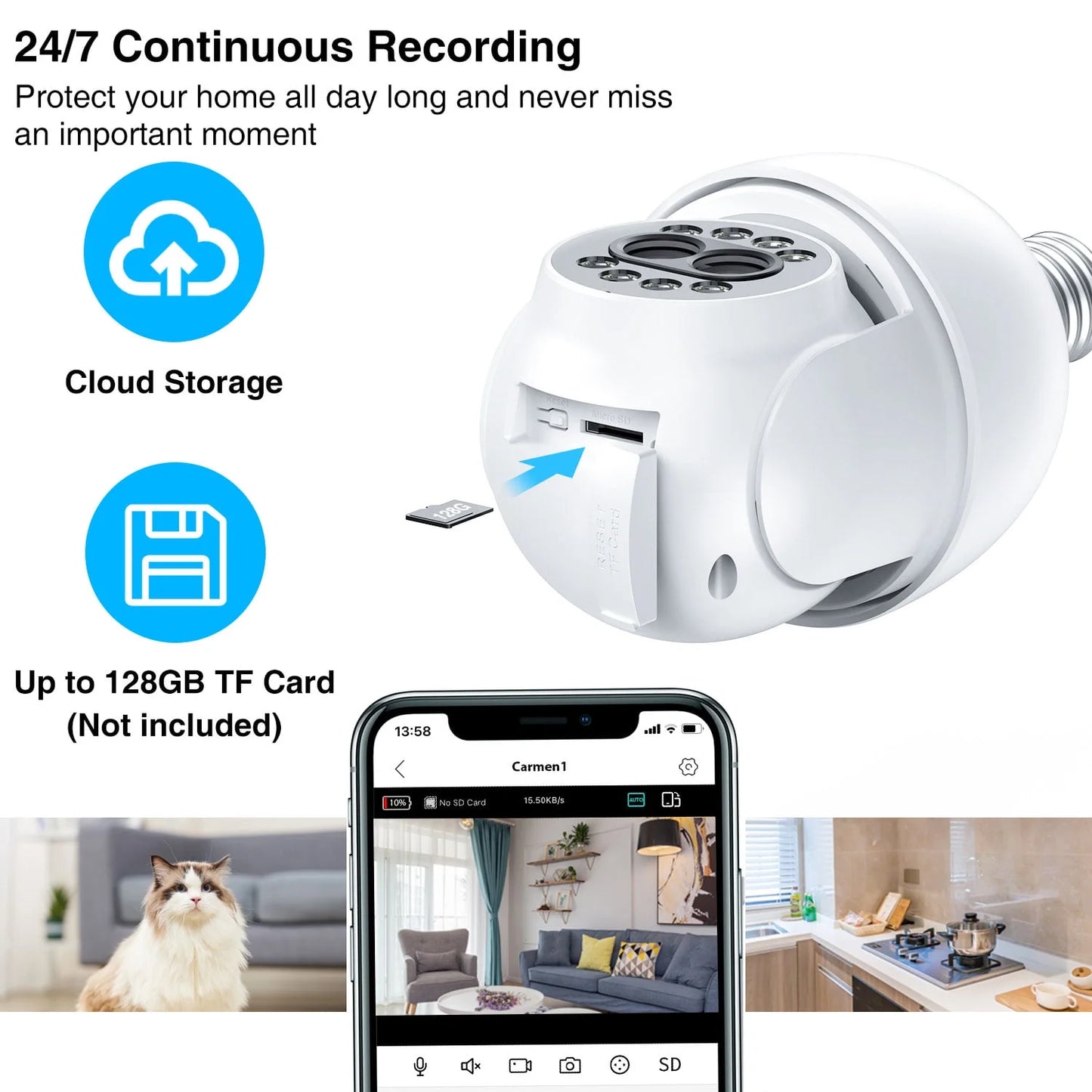 Light Bulb Camera, 4MP Outdoor Surveillance Camera with 360°PTZ, Dual Lens, Full Color Night Vision, White, 1