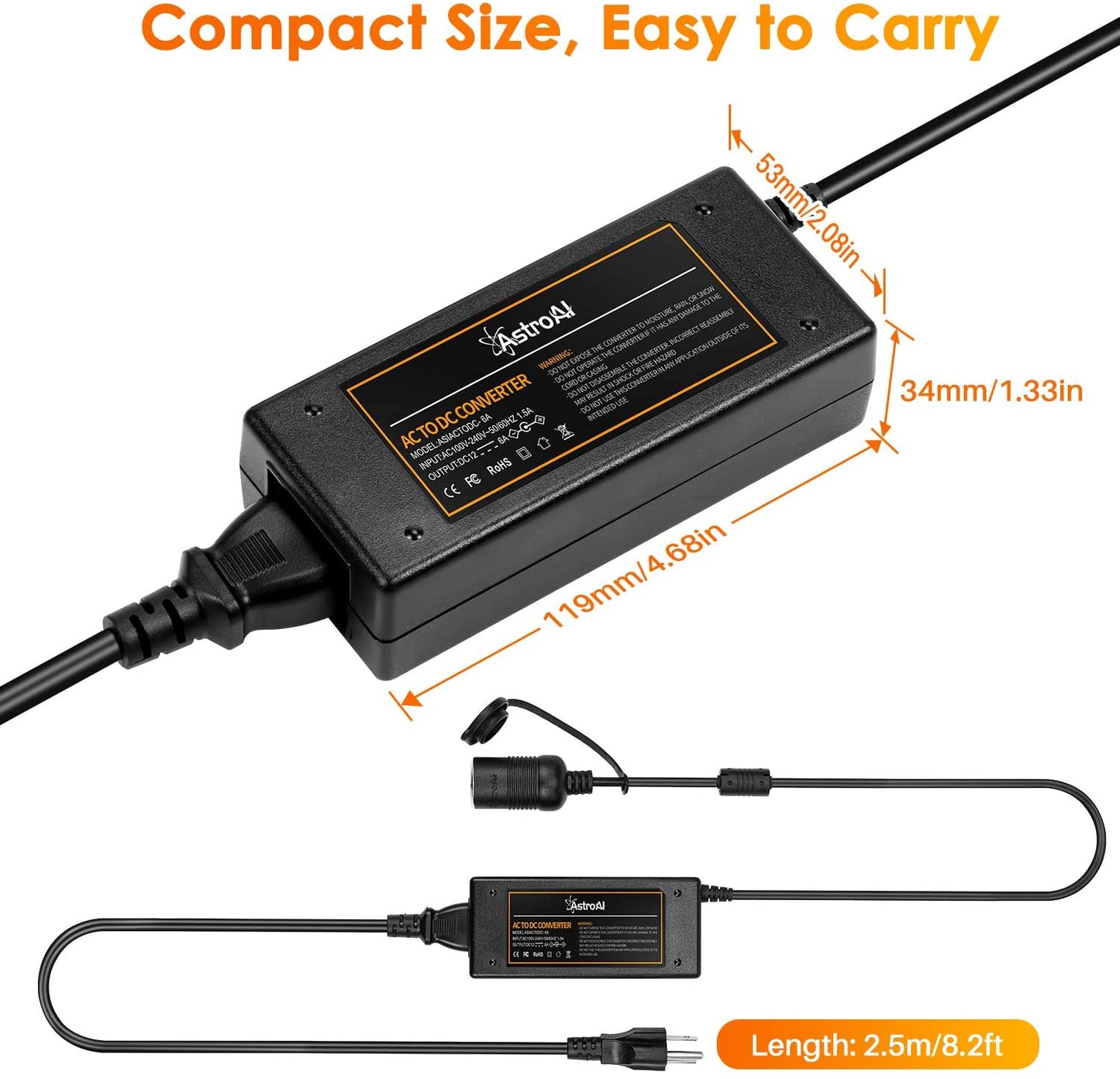 AC to DC Converter, 6A/72W/110V to 12V Converter, Car Cigarette Lighter Socket AC/DC Power Supply Adapter Transformer for Car Refrigerator, and Other Car Devices