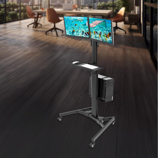 Adjustable Computer Cart, Rolling Computer Desk with Dual Monitors for Screens up to 32", Mobile Desk Workstation with Keyboard Mouse Tray and CPU Holder - Office, Medical, School, Hospital