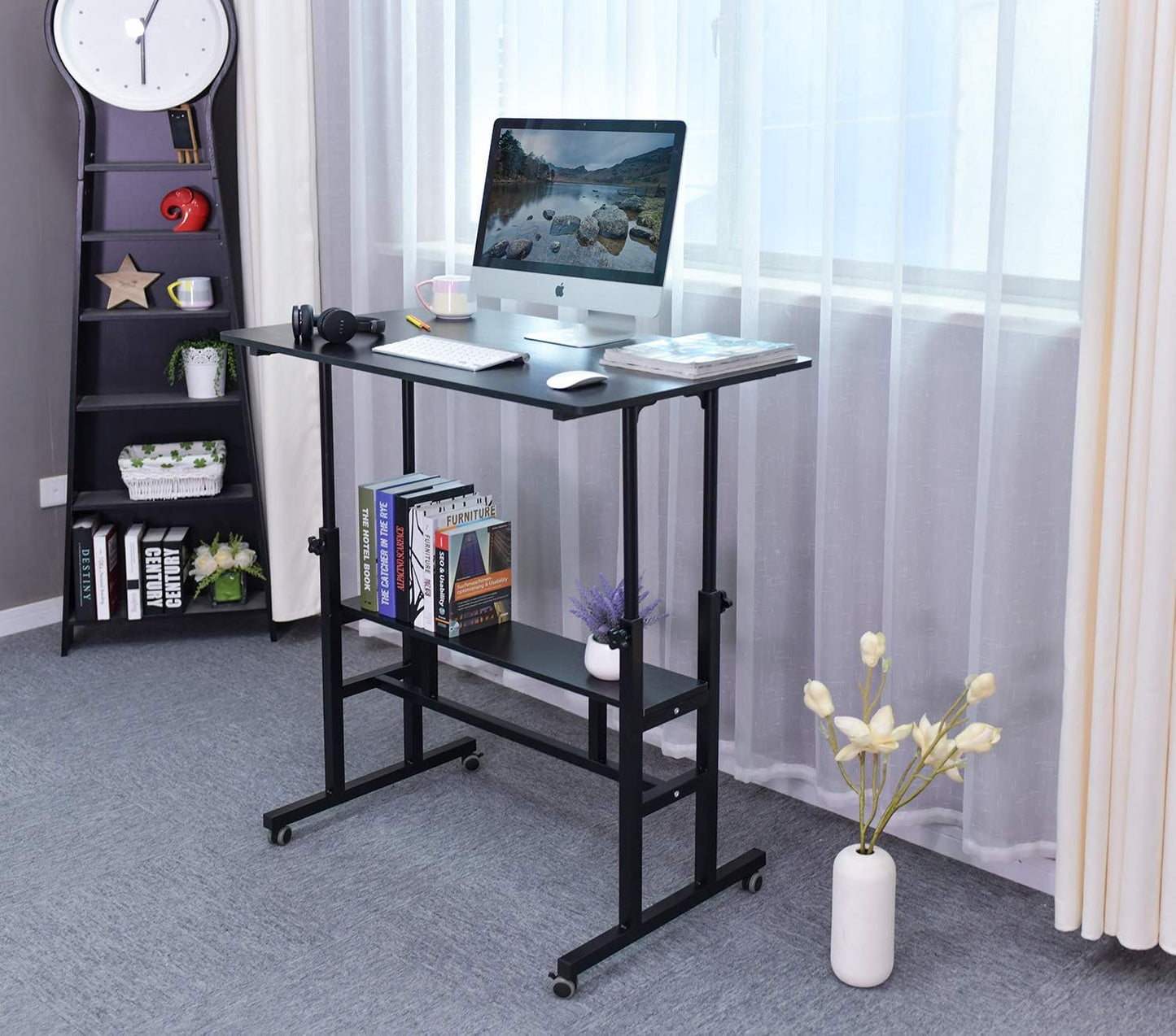 Mobile Standing Desk, Adjustable Computer Desk Rolling Laptop Cart on Wheels Home Office Computer Workstation, Portable Laptop Stand Tall Table for Standing or Sitting, Black, 39.4" X 23.6"