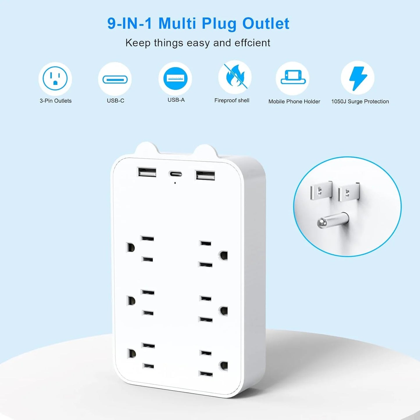 Wall Charger Surge Protector Power Strip Extension Cord 6 Outlet Extender with 3 USB Charging Ports 1050J Multi Plug Outlets Fast Wall Adapter Spaced for Home Travel Office
