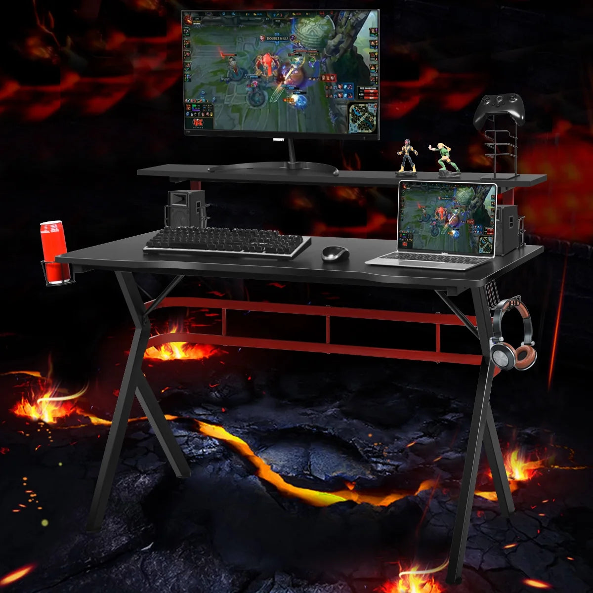 Gaming Computer Desk W/ Monitor Shelf & Storage for Controller Headphone Speaker