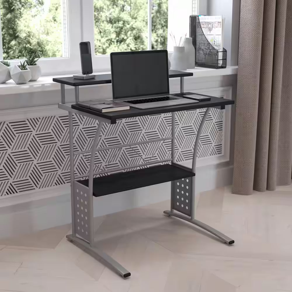 Black 28 In. W Clifton Modern Computer Desk with Top and Bottom Storage Shelves, Small Computer Desk for Home Office