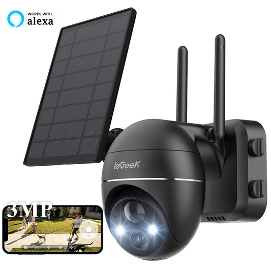 Wireless Security Camera, Solar Powered, Outdoor, Wifi, Spotlight & Siren, PTZ 360° View, 2K/3MP Color Night Vision, Outdoor Surveillance Camera with PIR Sensor, Work with Alexa