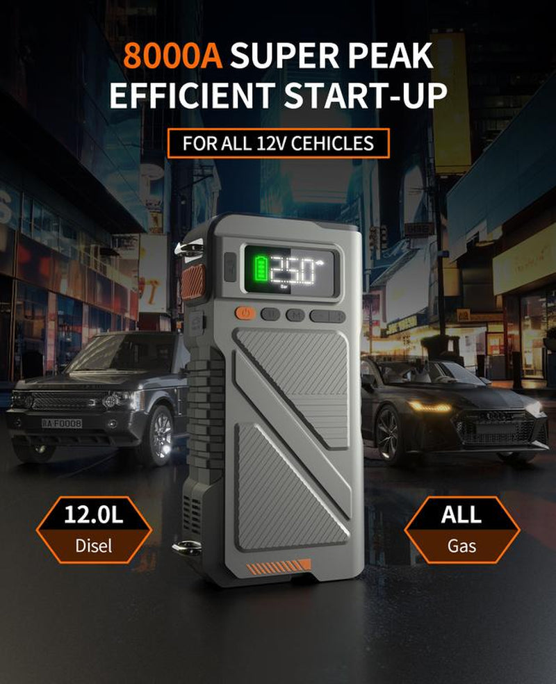 8000A Car Jump Starter with Air Compressor, Car Battery Jumper Starter Portable Jump Box Combo 150PSI Tire Inflator, 12V Vehicle Jump Booster Pack with Extended Jumper Cable 8000 A