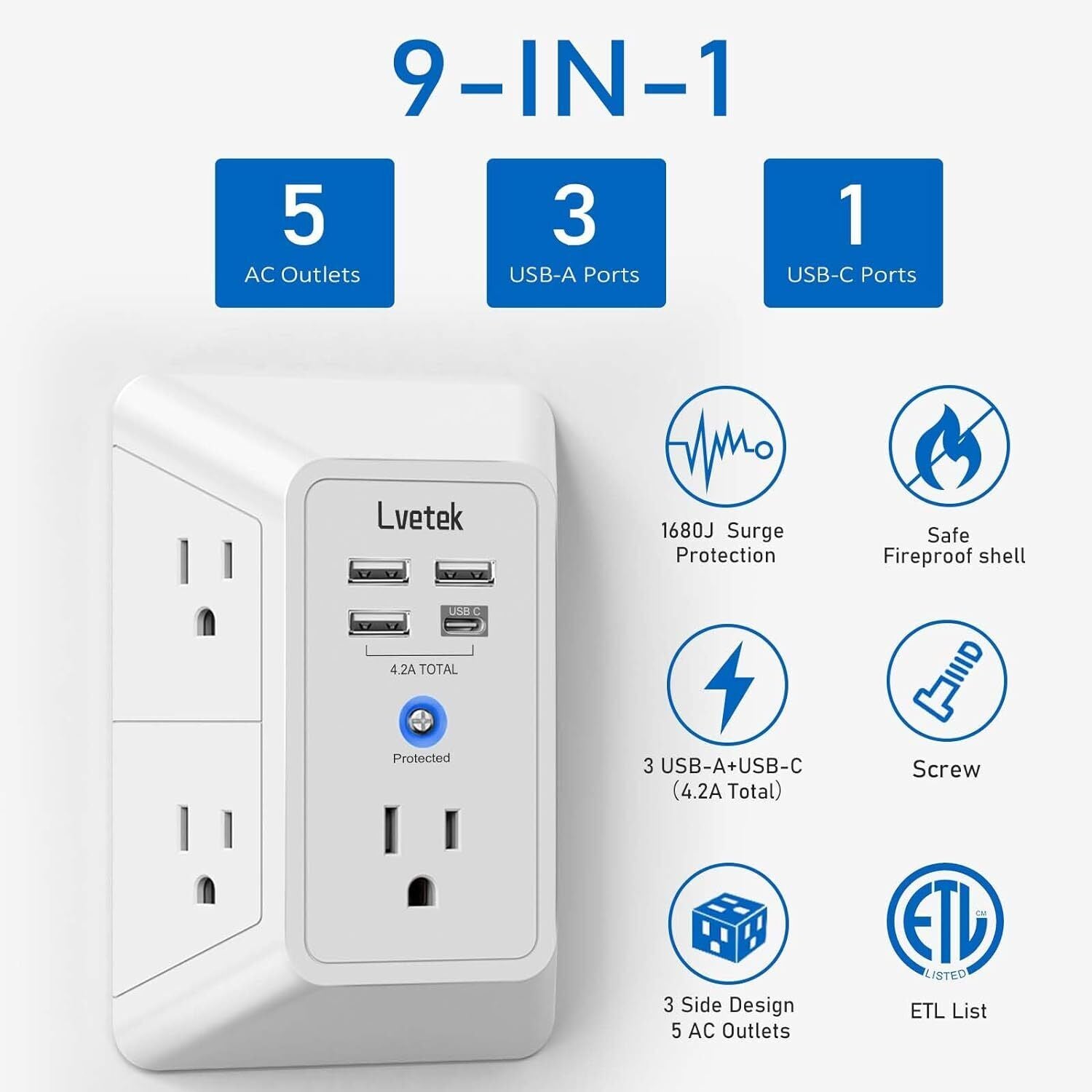 5 Outlet Surge Protector Wall Mountable Charger with 4 USB Ports - 1680J Multi P