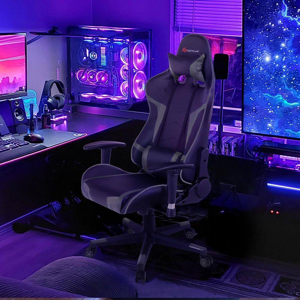Gray Faux Leather Ergonomic Reclining Swivel Massage Gaming Computer Chair with Comfy Lumbar Support