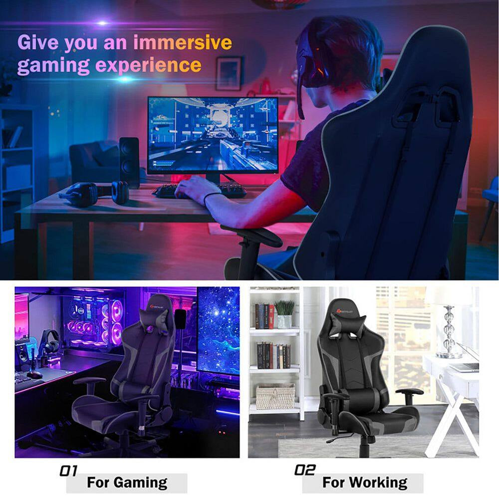Gray Faux Leather Ergonomic Reclining Swivel Massage Gaming Computer Chair with Comfy Lumbar Support
