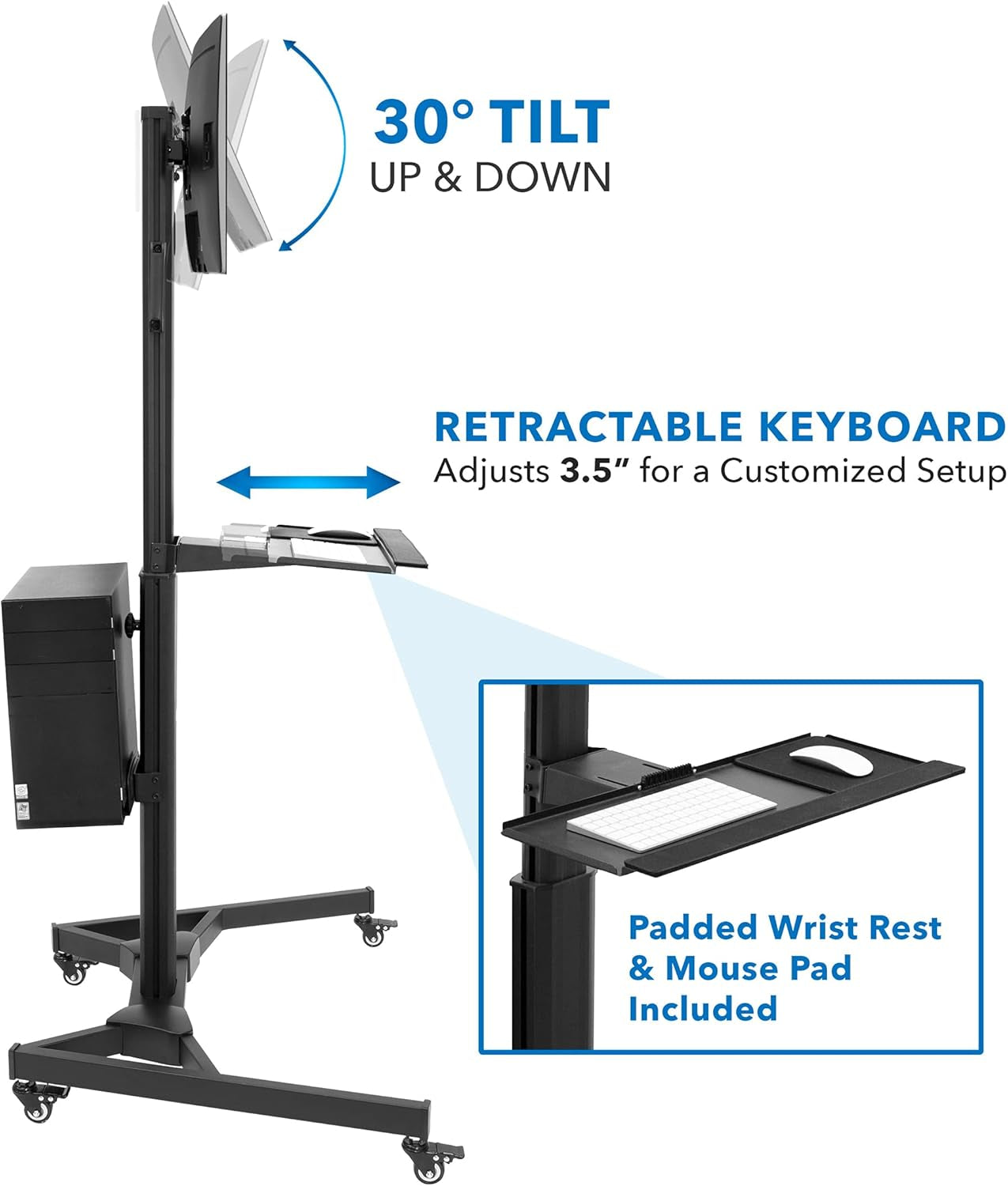 Adjustable Computer Cart, Rolling Computer Desk with Dual Monitors for Screens up to 32", Mobile Desk Workstation with Keyboard Mouse Tray and CPU Holder - Office, Medical, School, Hospital