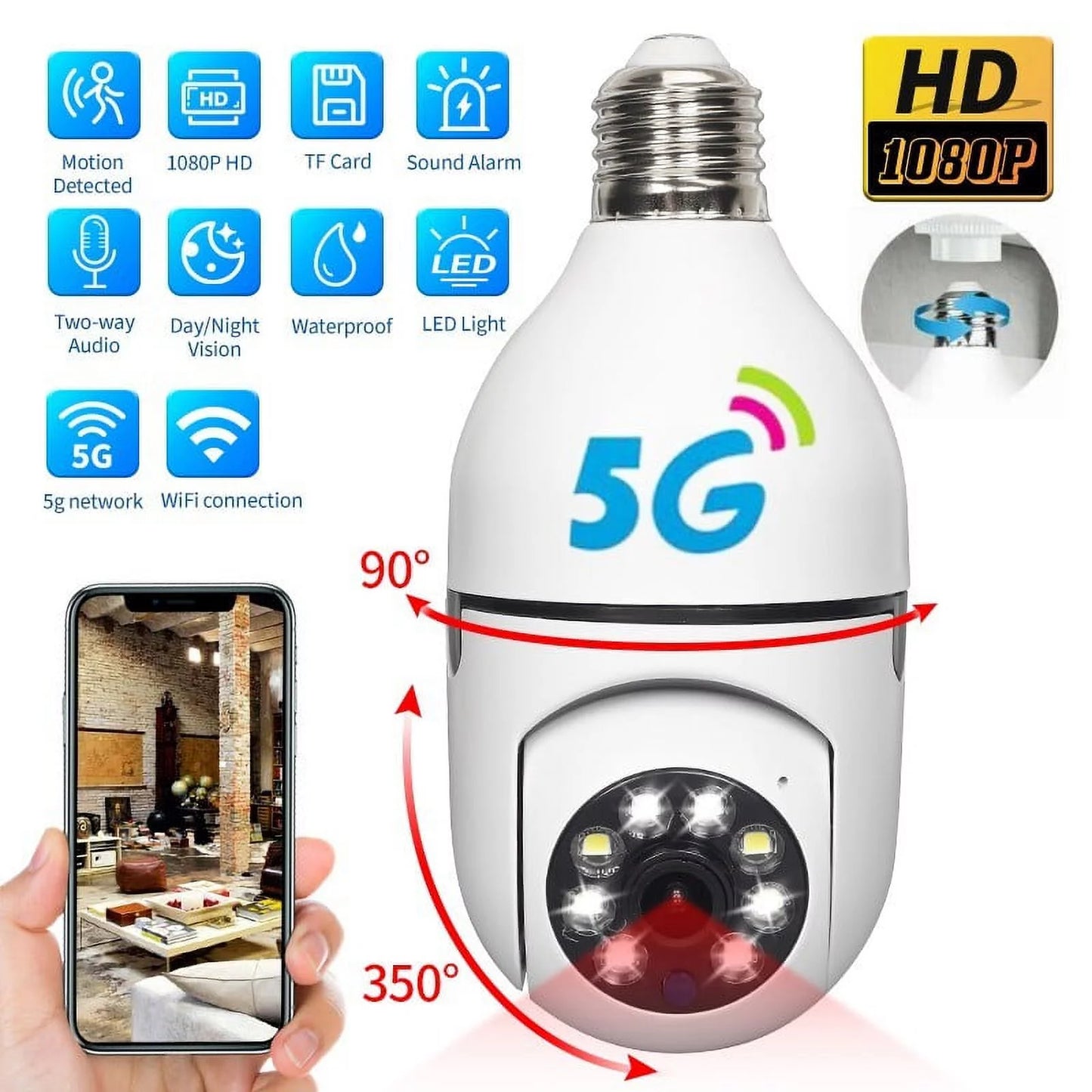 5G Wifi Surveillance Camera, E27 Light Bulb Camera Wireless Waterproof IP65 Automatic Human Tracking Night Vision Security Camera