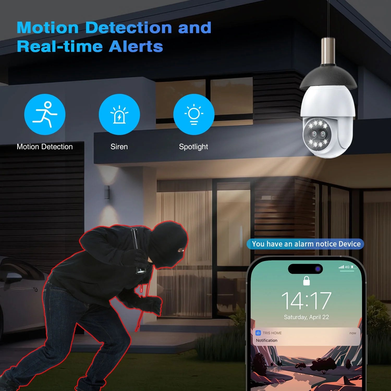 Light Bulb Camera, 4MP Outdoor Surveillance Camera with 360°PTZ, Dual Lens, Full Color Night Vision, White, 1