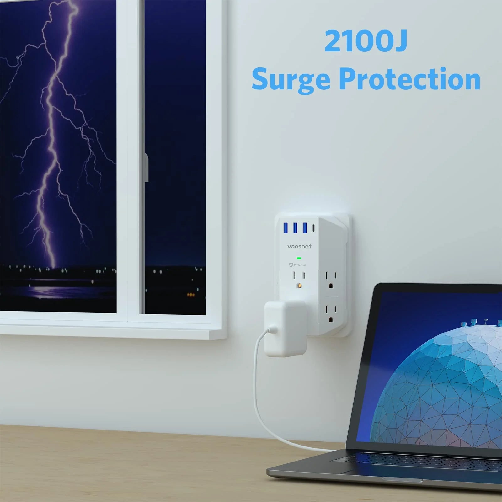Surge Protector, Outlet Extender with 6 Outlets and 4 USB Ports (1 USB C), 2100 Joules Power Strip, 3 Sided Multi Plug Outlet
