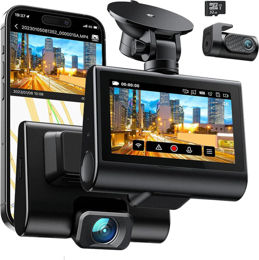 4K Dash Cam Front and Rear Wi-Fi GPS, 3" Touchscreen, 4K+1080P Dual Dashcam, 1 Pack, New