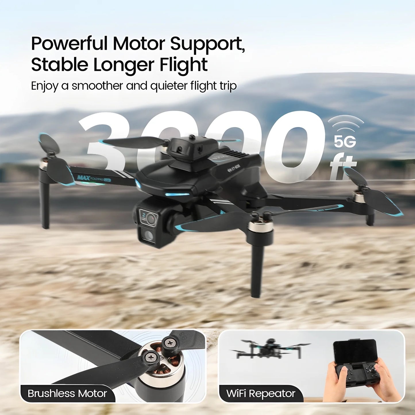 XT606 Drone with 6K UHD Camera,  RC Foldable Drones for Kids Adults Beginners, RC Quadcopter Drone with Brushless Motor, Headless Mode, Optical Flow Position, 2 Batteries, Black