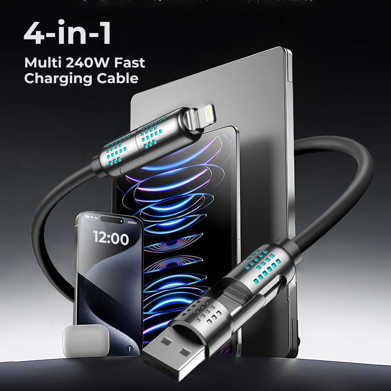 ERAZER 240W 4-In-1 USB-C Cable, 1 Count PD 5A Fast Charging & Data Sync Cable with Breathing Light, Aluminum Alloy Design Cable Compatible with Iphone 16/15, Ipad Pro, Samsung, and Laptops Android Device