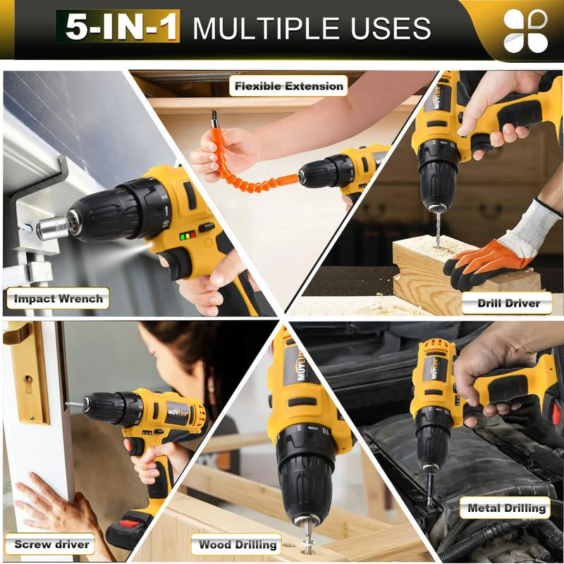 MUYLUX 20V Cordless Drill Set, 18+1 Torque Settings Electric Drill ,3/8 Inch Keyless Chuck, 2-Speed Level for Home Screwdriving and Drilling