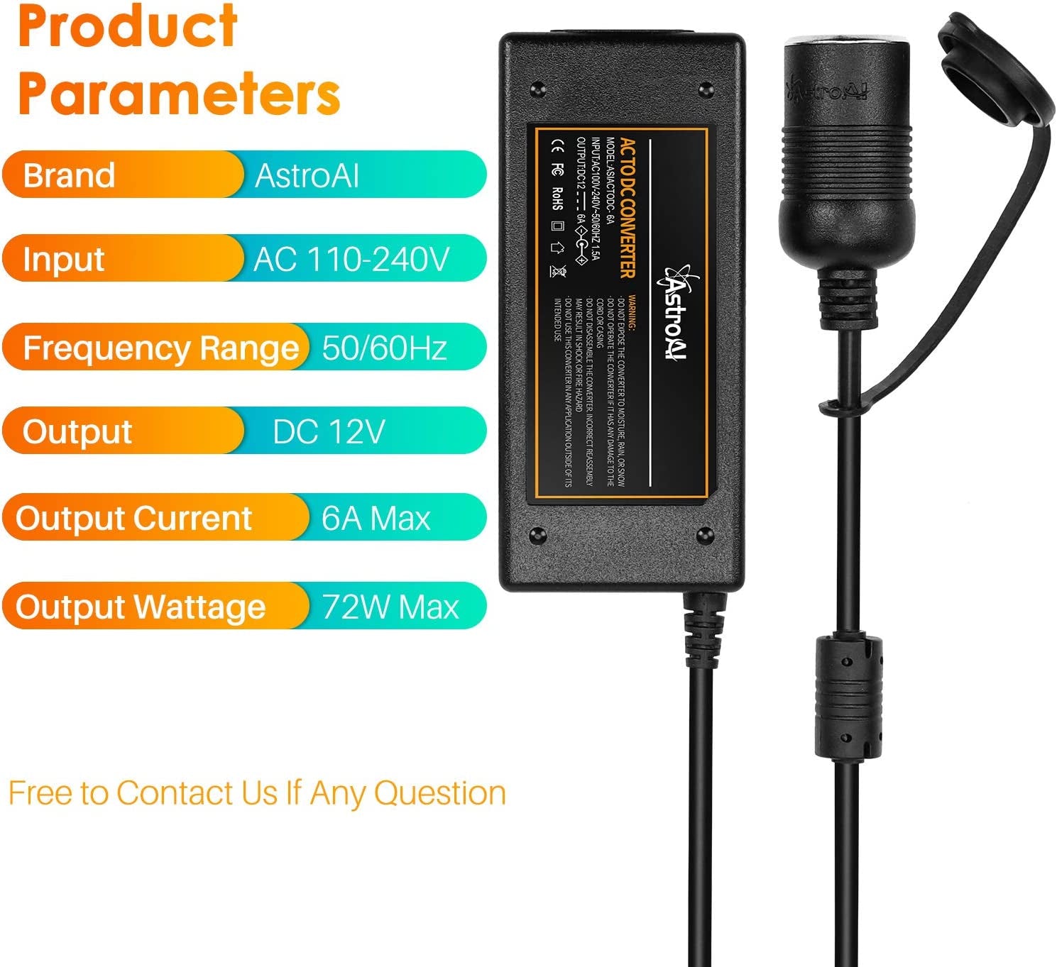 AC to DC Converter, 6A/72W/110V to 12V Converter, Car Cigarette Lighter Socket AC/DC Power Supply Adapter Transformer for Car Refrigerator, and Other Car Devices