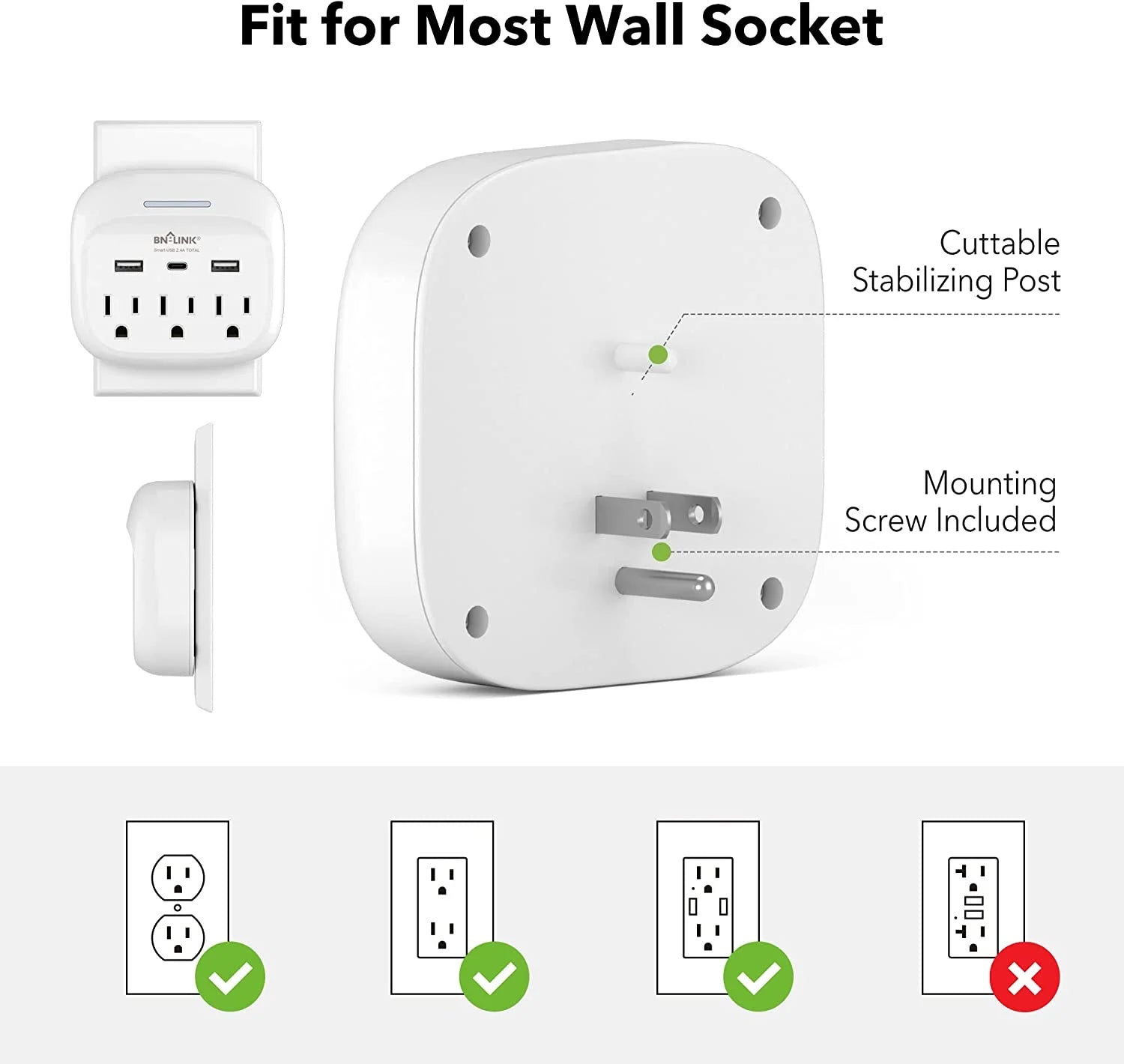 Multi Plug Outlet Extender with 3 Outlets and 3 USB Ports, 3 AC Outlet Splitter with 3 USB Ports (1 USB C), Wall Charger Adapter for Dorm, School, Travel, Office, Home, Travel, 1 Pack