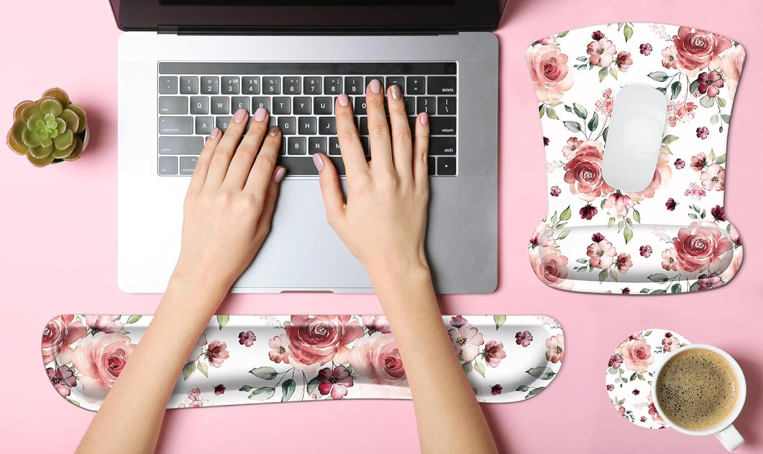 Ergonomic Mouse Pad with Wrist Rest Support and Keyboard Wrist Rest Pad,  Cute Wrist Pad with Non-Slip Rubber Base and Raised Memory Foam, Easy Typing & Pain Relief, Peony Flowers