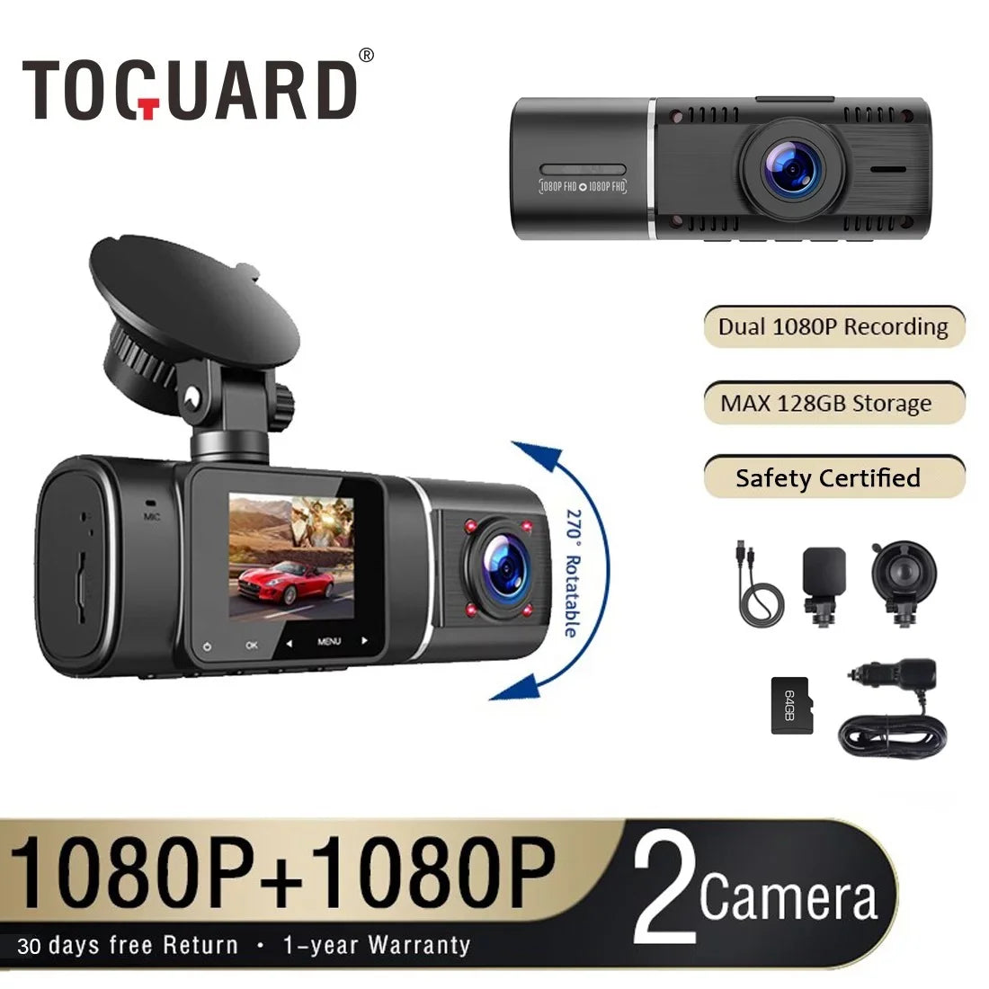 Dual Dash Cam Front and inside 1080P Dashcam for Cars with 64GB SD Card IR Night Vision Car Camera for Taxi Vehicle Accident Lock Parking Monitor