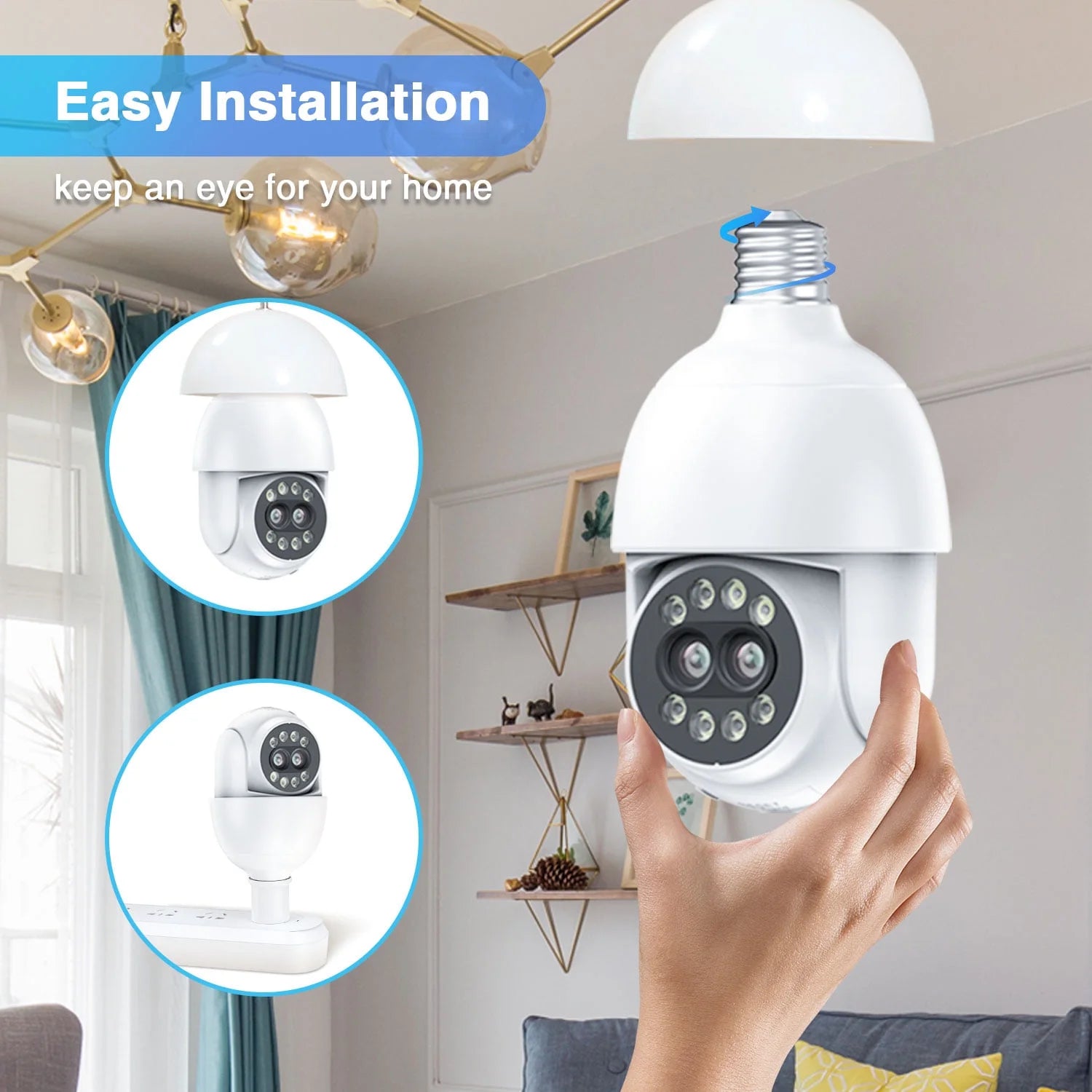 Light Bulb Camera, 4MP Outdoor Surveillance Camera with 360°PTZ, Dual Lens, Full Color Night Vision, White, 1